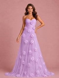 3D Floral Applique Strapless Tulle Prom Dress with High Slit