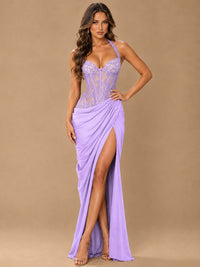 Sweetheart Halter Prom Dress Pleated Lace Floral Formal Dress with Slit