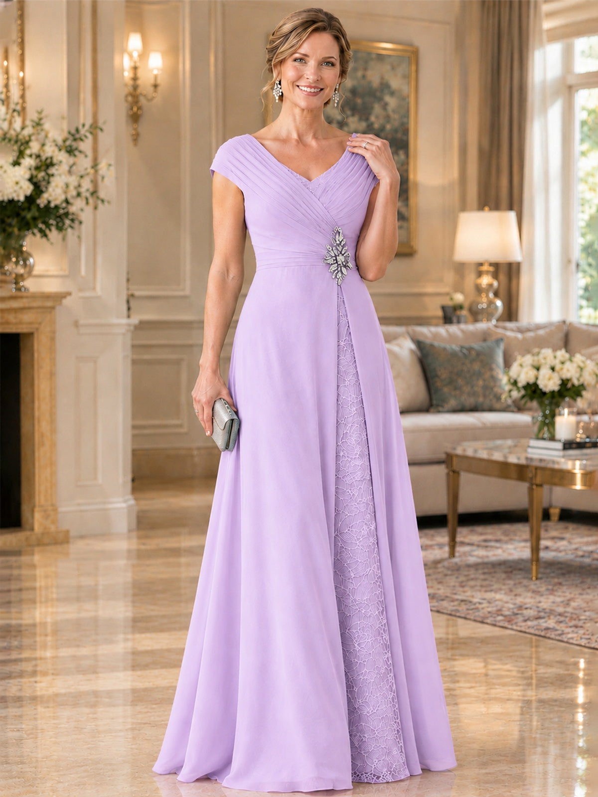 Pleated Chiffon Lace Mother of The Bride Dresses with Beading Cap Sleeves