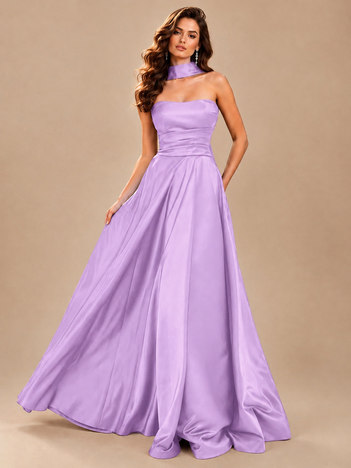 Strapless Prom Dress Side High Slit A-line Formal Dress with Scarf