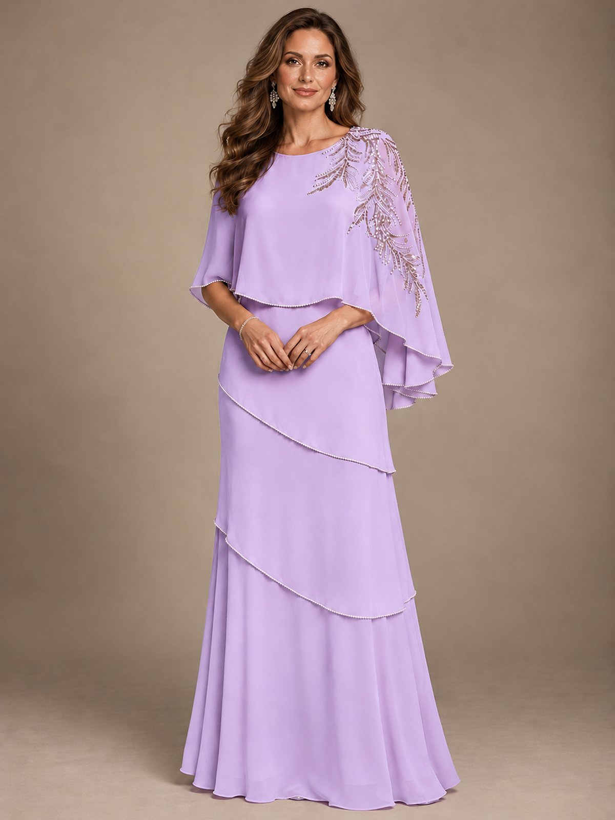Elegant Chiffon Cape Sleeve Beaded Mother of the Bride Dress