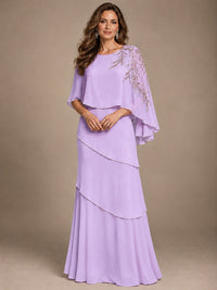 Elegant Chiffon Cape Sleeve Beaded Mother of the Bride Dress