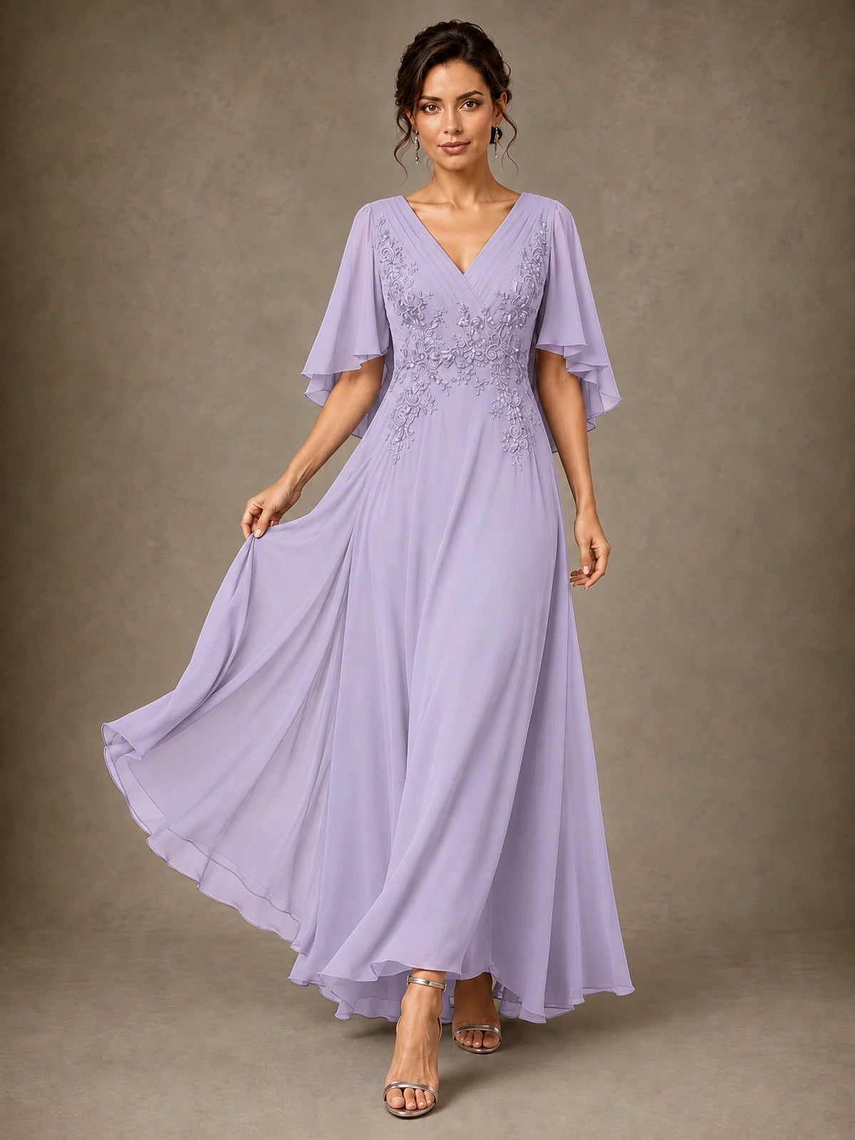 V-Neck Chiffon Lace Mother of the Bride Dress with Flutter Sleeves