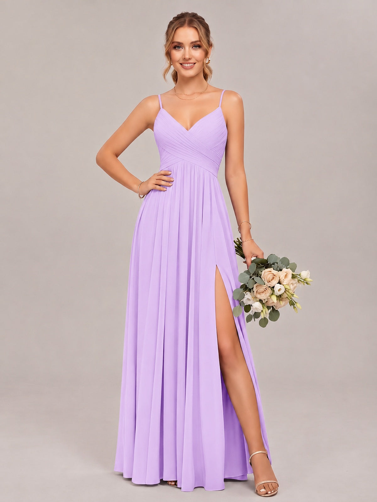 Lilac Spaghetti Straps Pleated Chiffon Bridesmaid Dress with Slit V-Neck A-line Long Formal Evening Wedding Guest Gown