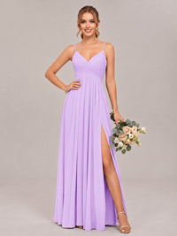 Lilac Spaghetti Straps Pleated Chiffon Bridesmaid Dress with Slit V-Neck A-line Long Formal Evening Wedding Guest Gown