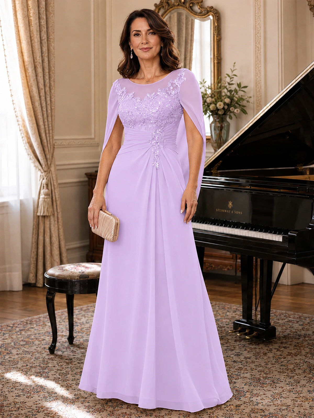 Elegant Applique Chiffon Mother of the Bride Dress with Cape Sleeves