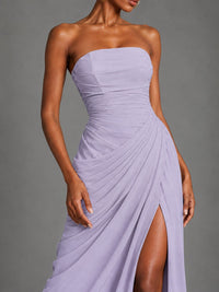 Strapless Bodycon Pleated Chiffon Formal Dress with Slit