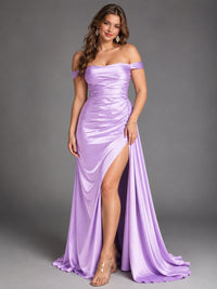 Off Shoulder Satin Maxi Dress with Slit