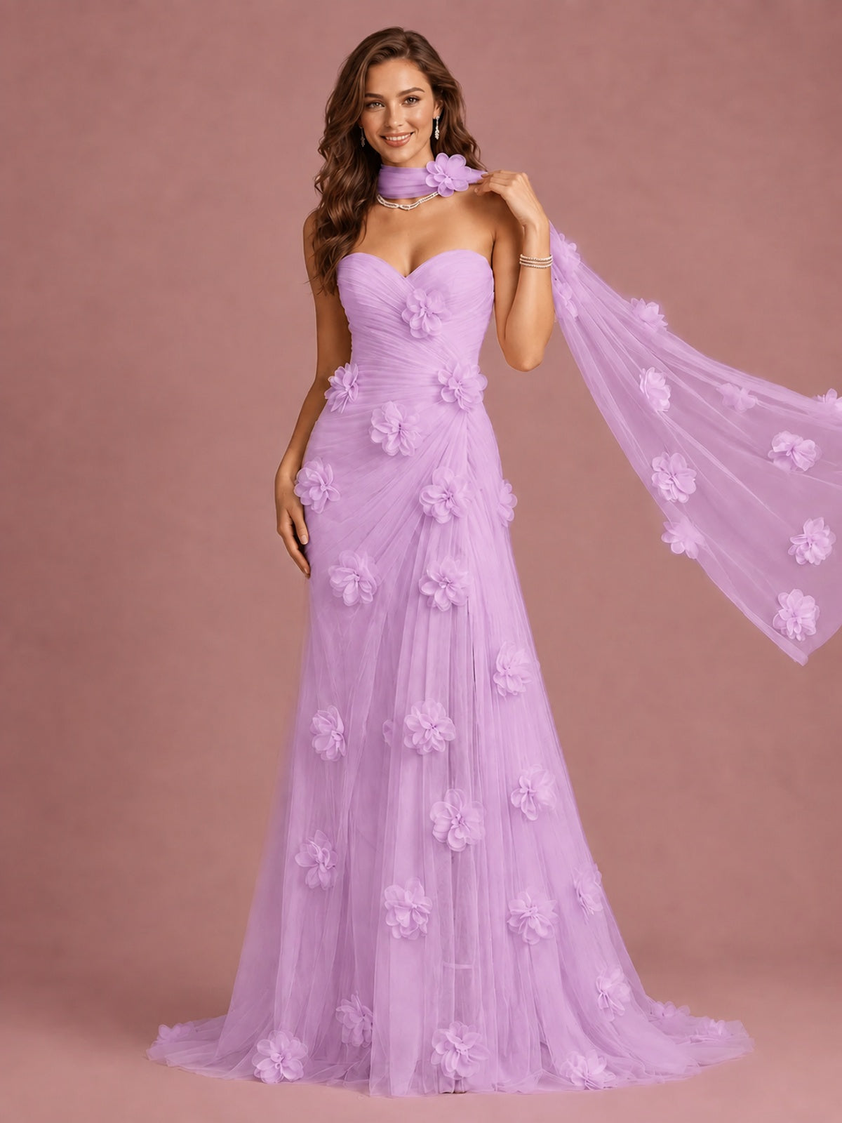 Blush Pink Strapless Sweetheart 3D Floral Tulle Mermaid Prom Dress