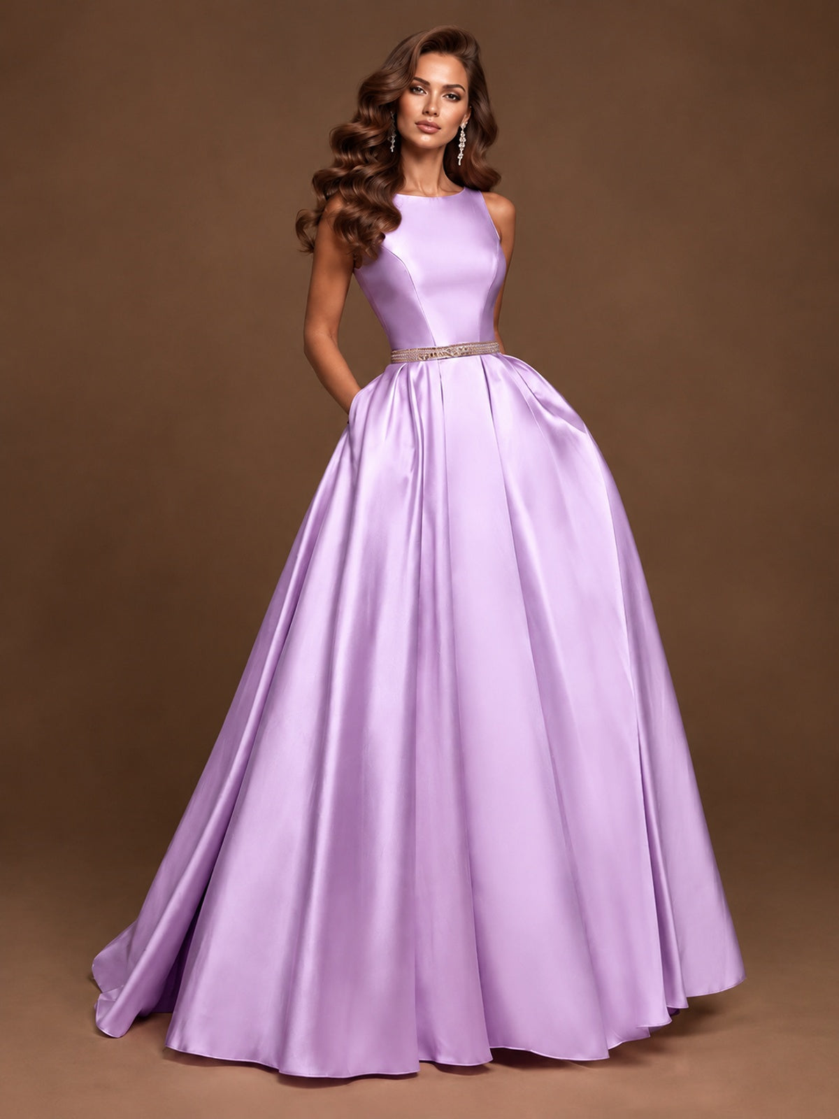 Satin A-Line Prom Dress Sleeveless Beaded Waist Formal Gown with Pockets
