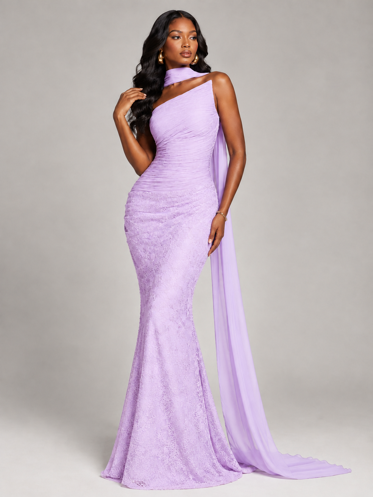 Pleated Chiffon Lace Prom Dresses Long Bodycon Mermaid with Scarf