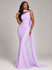 Pleated Chiffon Lace Prom Dresses Long Bodycon Mermaid with Scarf