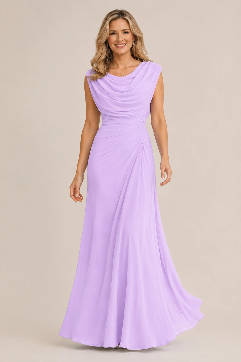 Cowl Neck Ruched Chiffon Mother of the Bride Dress
