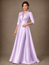 V-Neck Pleated Satin Mother of the Bride Gown with 3/4 Sleeves