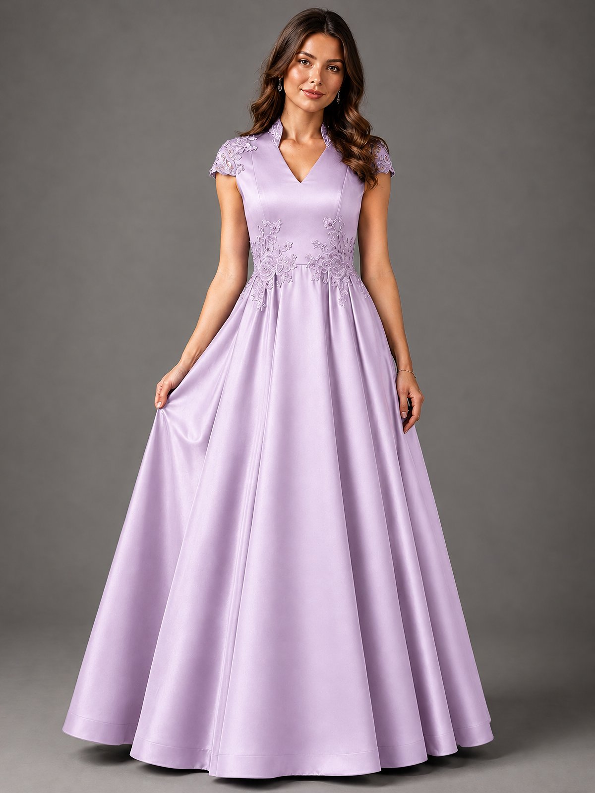 Lace Appliqué A-Line Satin Maxi Dress