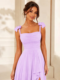Ruffle Slit Chiffon A Line Scoop Neck Bridesmaid Dresses with Pockets