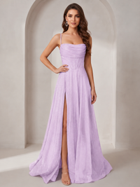 Lilac Sparkly Cowl Neck Corset Long Prom Dress with Slit A-line Tulle Ball Gown Formal Evning Party Dress