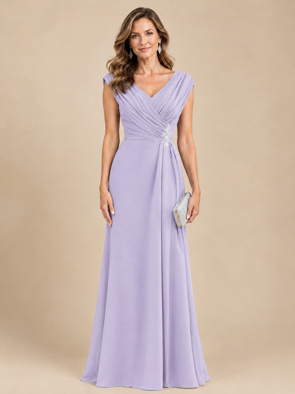 V Neck Pleated Mother of The Bride Dresses with Beading Cap Sleeves