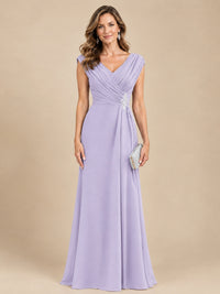 V Neck Pleated Mother of The Bride Dresses with Beading Cap Sleeves