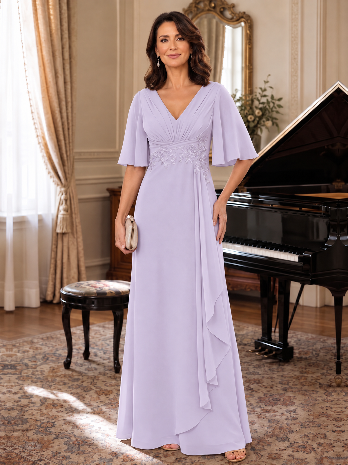 Lilac V-Neck Chiffon Lace Mother of the Bride Dresses with Flutter Sleeve A-line Long Ruffled Evening Formal Wedding Guest Gown