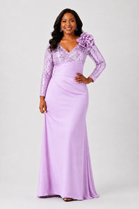 Sequin Mother of the Bride Dress with Long Sleeves 3D Floral V-Neck Gown