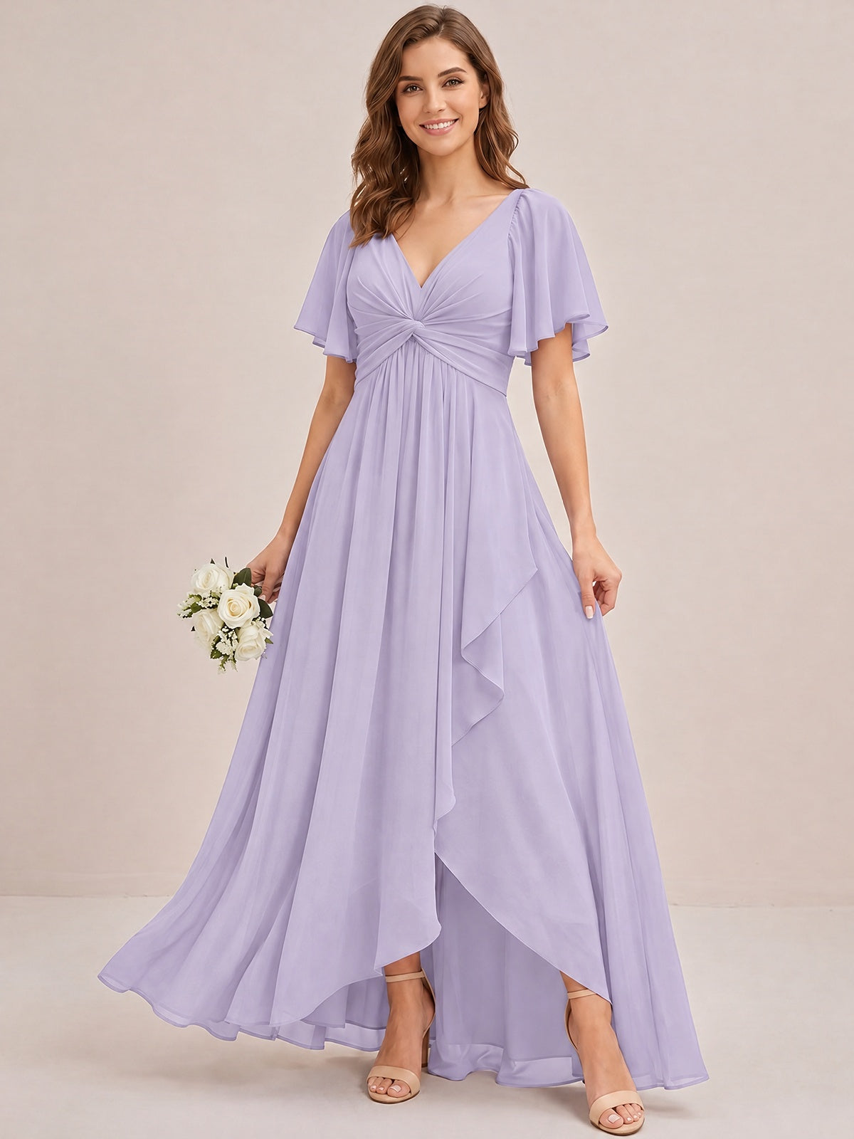 Dusty Blue Chiffon Bridesmaid Dress with Flutter Sleeves & High-Low Hem
