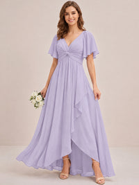 Dusty Blue Chiffon Bridesmaid Dress with Flutter Sleeves & High-Low Hem