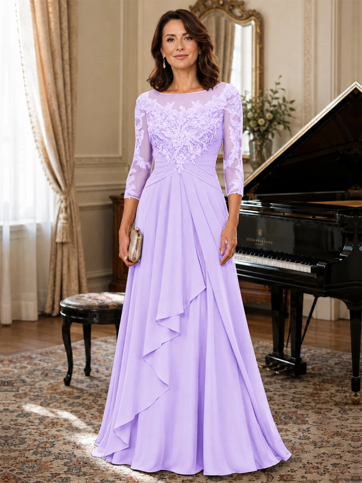 A-Line Chiffon Mother of the Bride Dress with Floral Applique 3/4 Sleeves