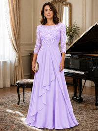 A-Line Chiffon Mother of the Bride Dress with Floral Applique 3/4 Sleeves