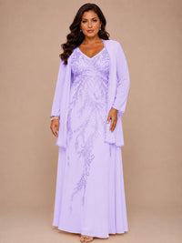 Champagne Beaded Chiffon Mother of the Bride Dress with Jacket V-Neck Gown