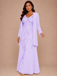 Champagne Beaded Chiffon Mother of the Bride Dress with Jacket V-Neck Gown