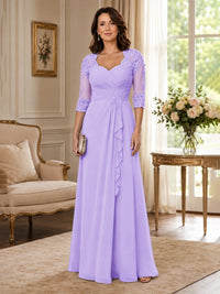 Chiffon Lace Applique Mother of the Bride Dress with 3/4 Sleeves