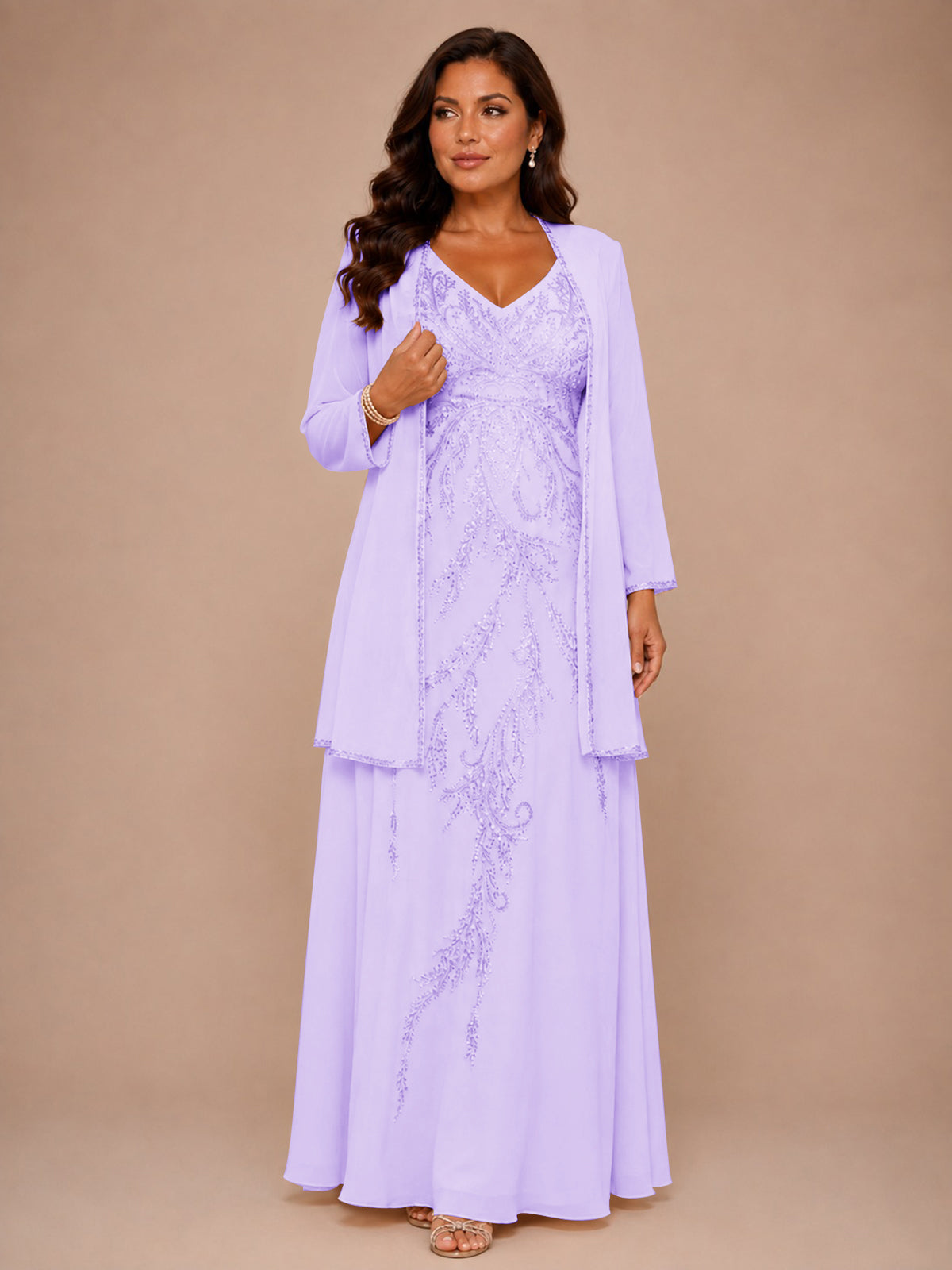 Champagne Beaded Chiffon Mother of the Bride Dress with Jacket V-Neck Gown