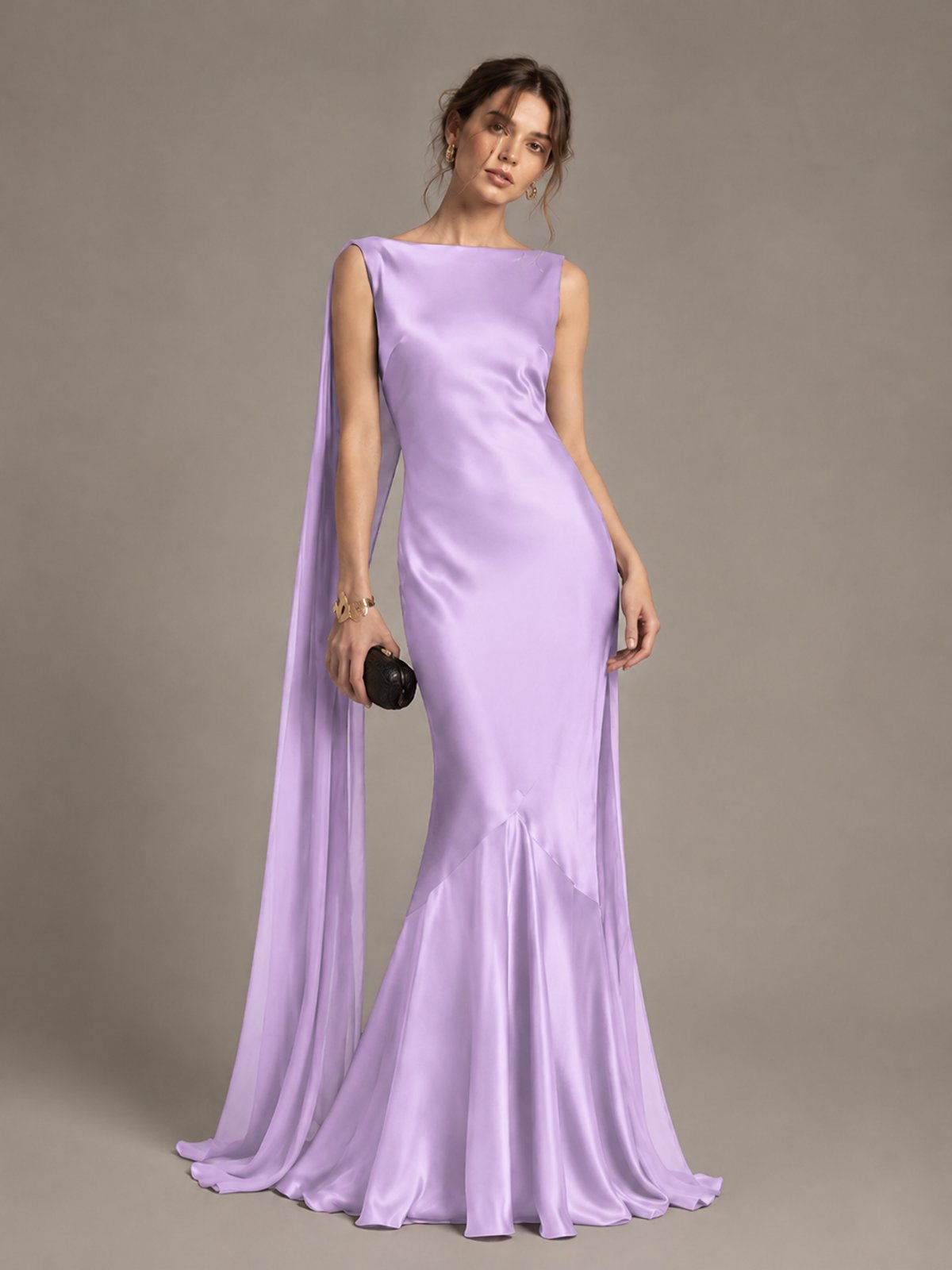 Burgundy Satin Mermaid Cape Maxi Dress