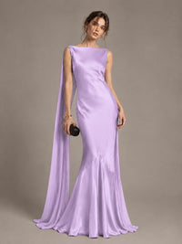Burgundy Satin Mermaid Cape Maxi Dress