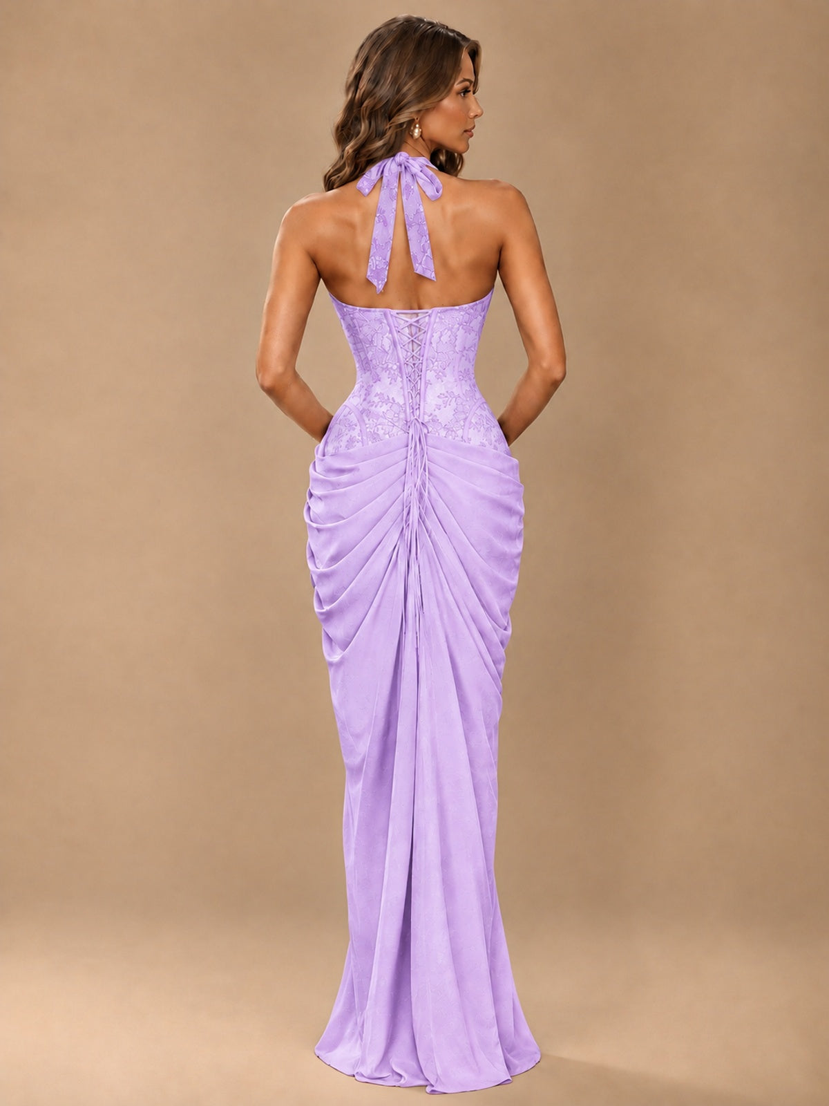 Sweetheart Halter Prom Dress Pleated Lace Floral Formal Dress with Slit