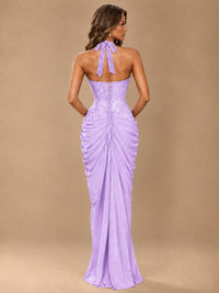 Sweetheart Halter Prom Dress Pleated Lace Floral Formal Dress with Slit