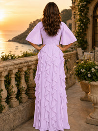 Elegant Chiffon Mother of the Bride Dress with Flutter Sleeves and Ruffle Skirt