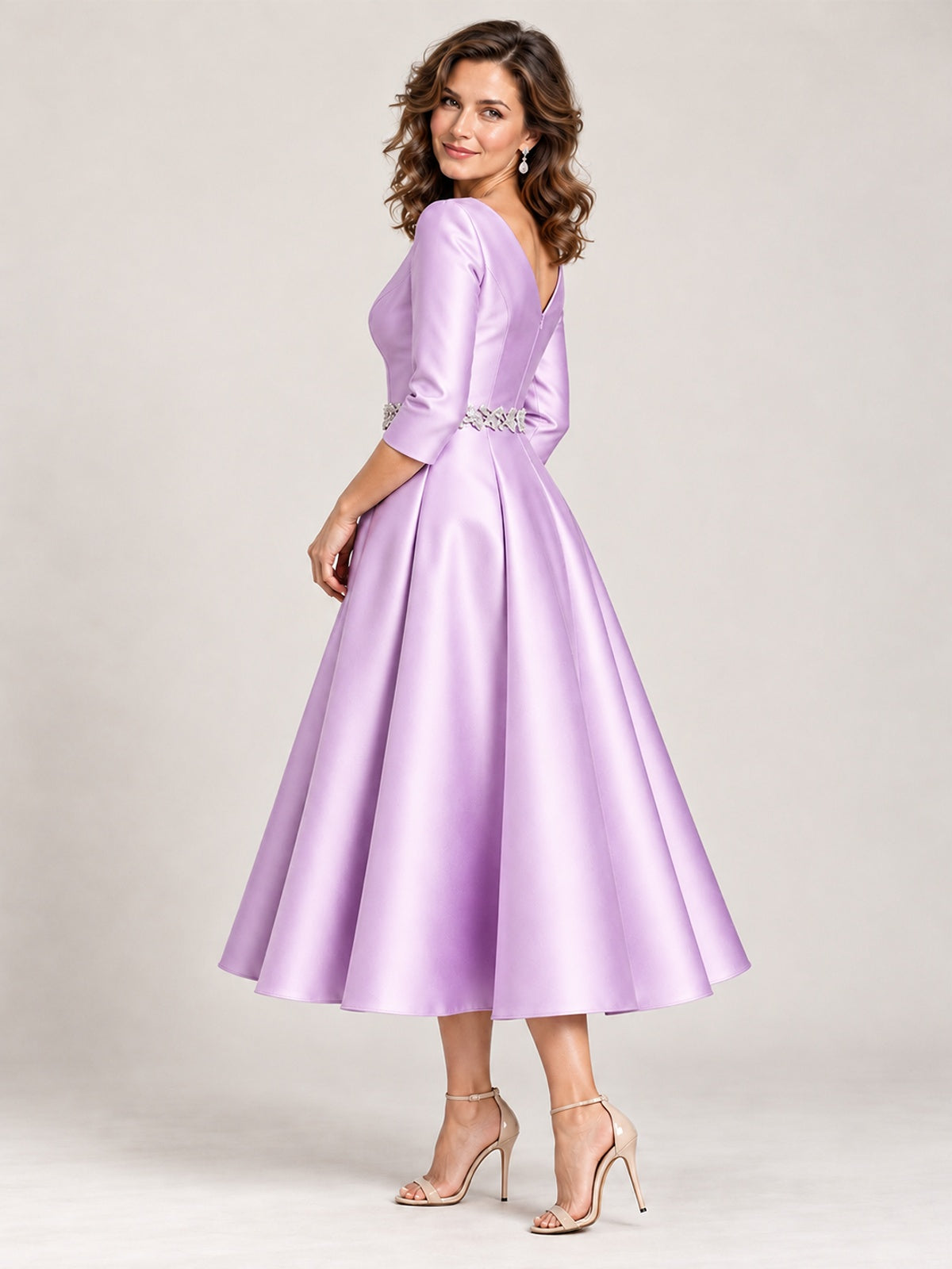 V-Neck Tea-Length Mother of the Bride Dress with Embellished Waist