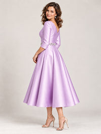 V-Neck Tea-Length Mother of the Bride Dress with Embellished Waist