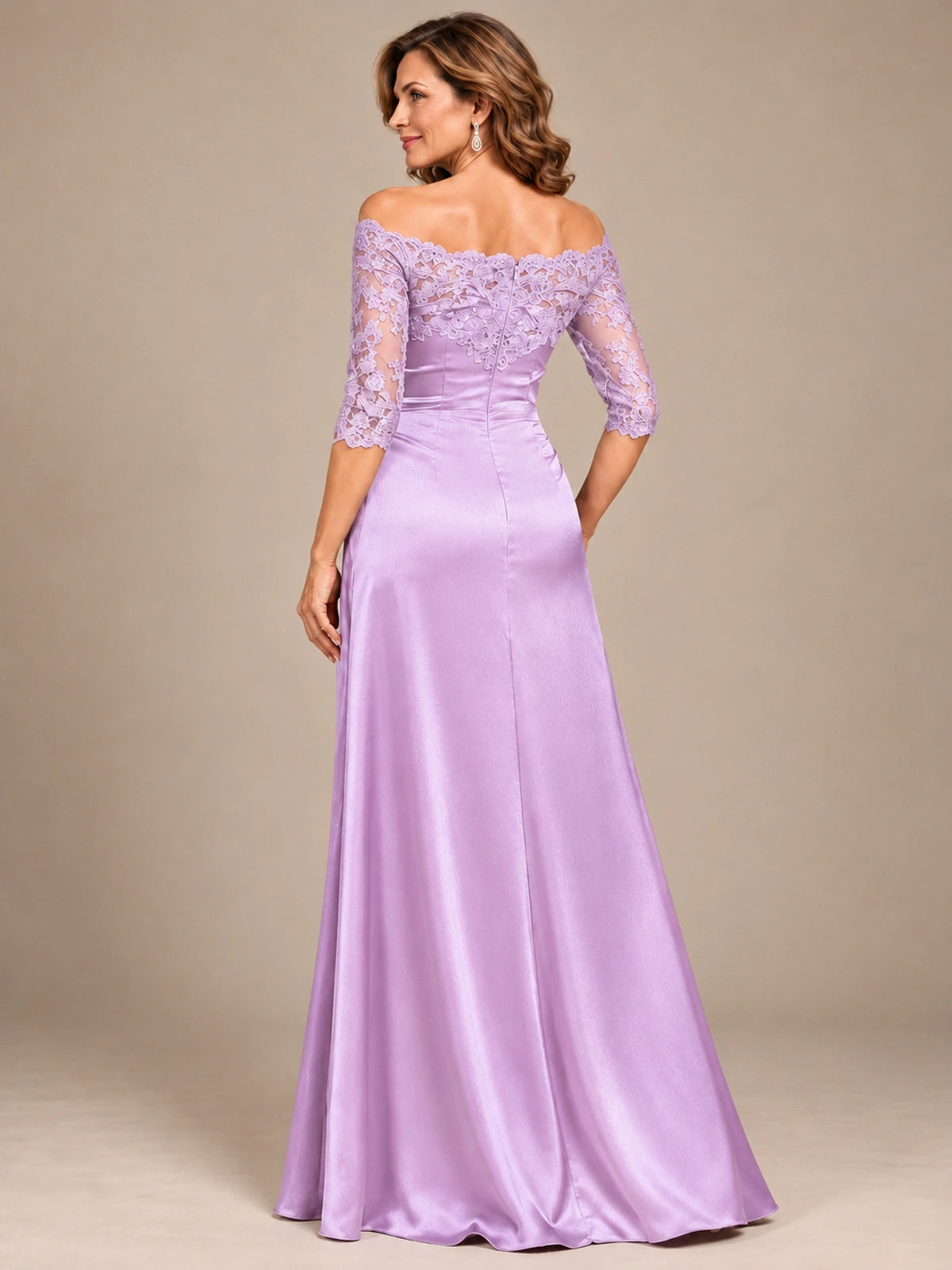 Satin Mother of the Bride Dress with Lace Sleeves Off Shoulder Formal Gown