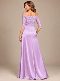 Satin Mother of the Bride Dress with Lace Sleeves Off Shoulder Formal Gown