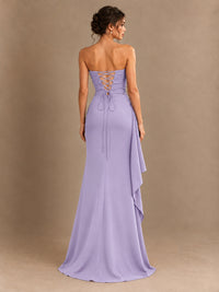 Black and White Strapless Ruched Prom Dress with High Slit & Side Drape