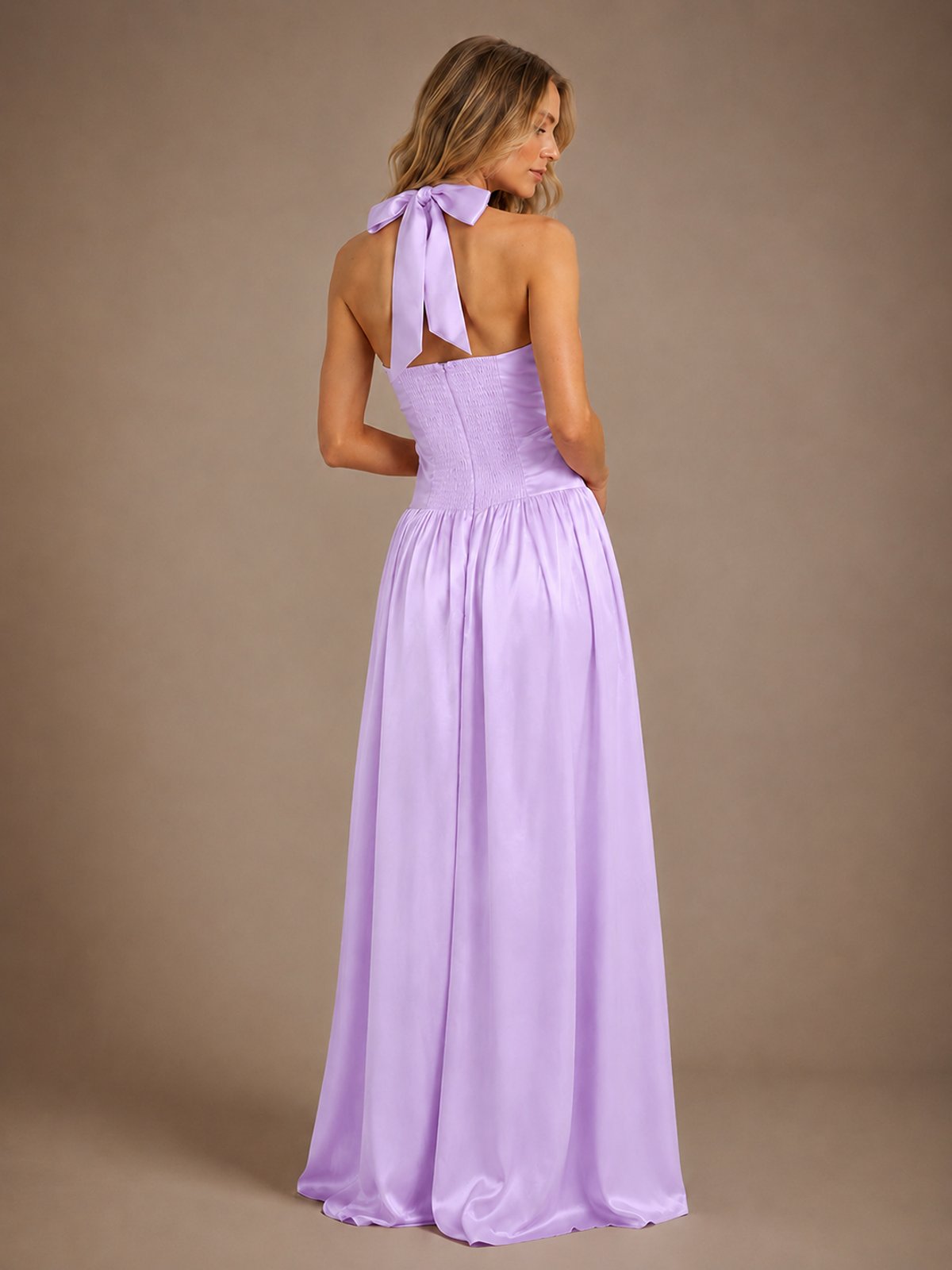 Pink V Neck Halter Satin Maxi Dress