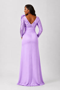 Sequin Mother of the Bride Dress with Long Sleeves 3D Floral V-Neck Gown