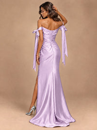Off The Shuolder Satin Prom Dress Slit Mermaid Formal Gowns