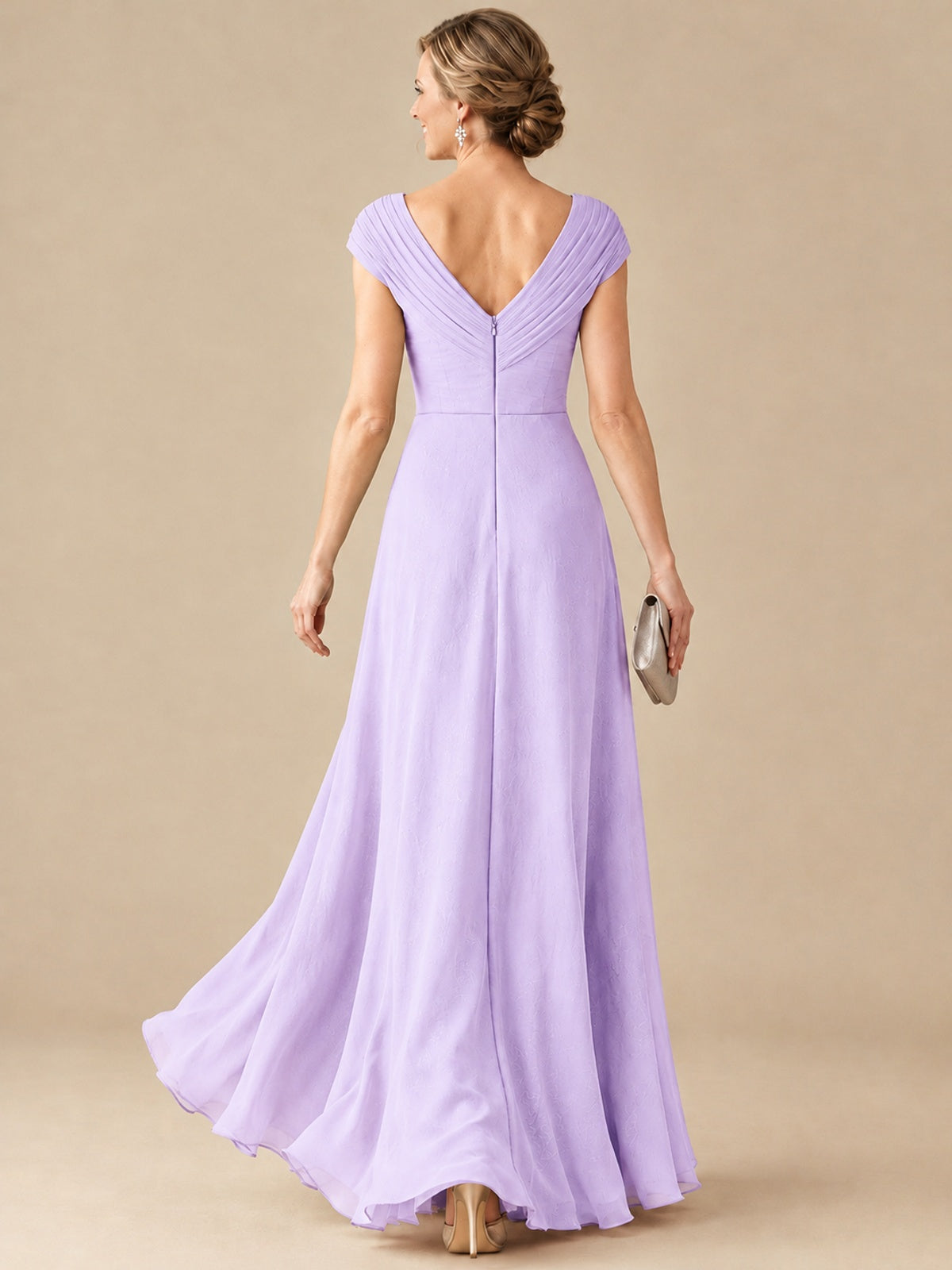 Pleated Chiffon Lace Mother of The Bride Dresses with Beading Cap Sleeves