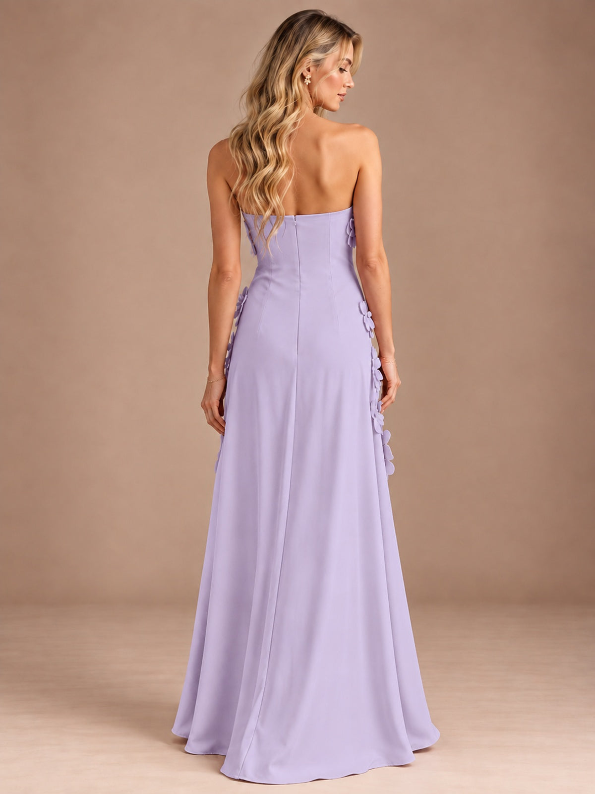 Yellow Strapless A-line Satin Maxi Dress with 3D Floral
