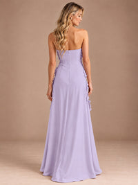 Yellow Strapless A-line Satin Maxi Dress with 3D Floral