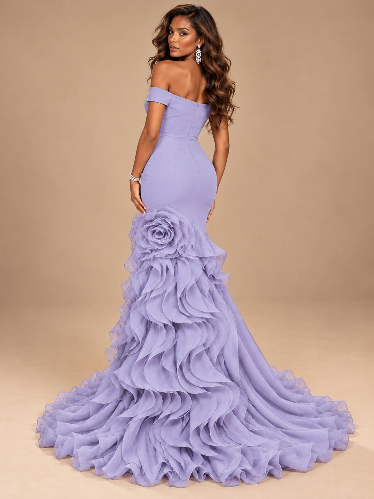 Dusty Blue Off-the-Shoulder Mermaid Prom Dress with 3D Rose & Ruffles